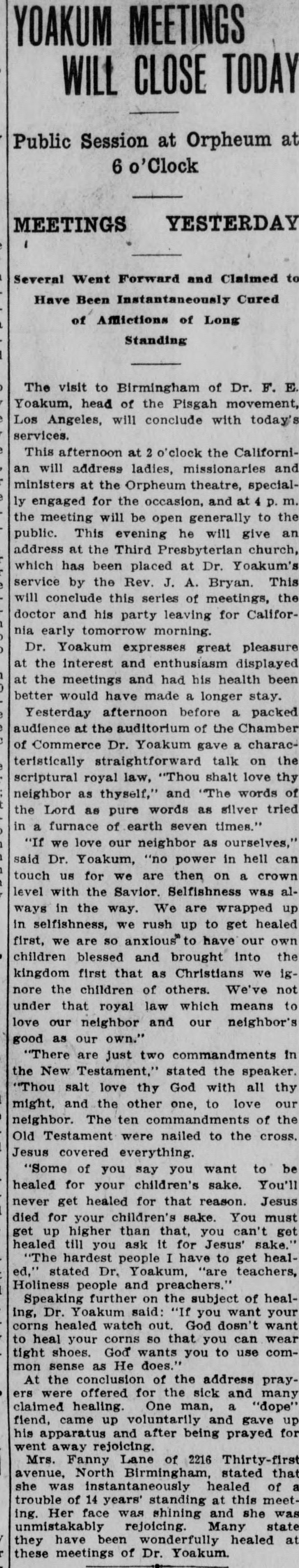 Yoakum Meetings will Close Today